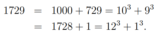 Example of two cubes summing to 1729