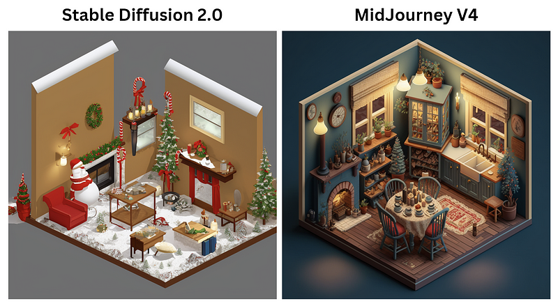 An isometric diorama of a holiday-decorated home interior.