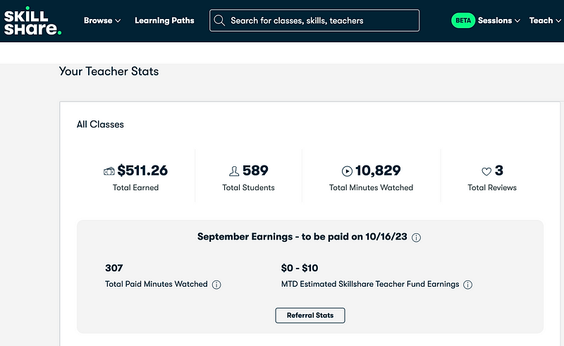 Overview of Skillshare class earnings