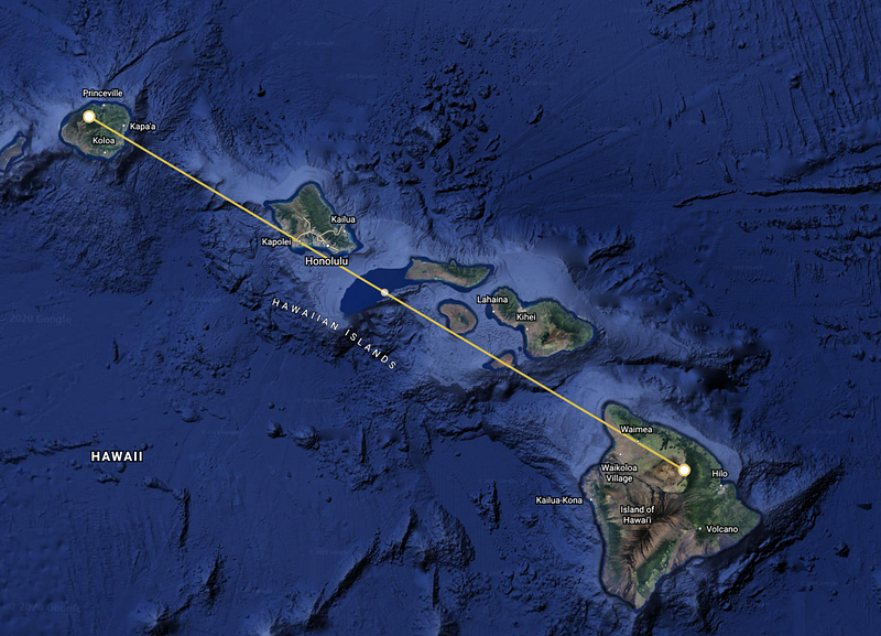 Distance between Mauna Kea and Kawaikini