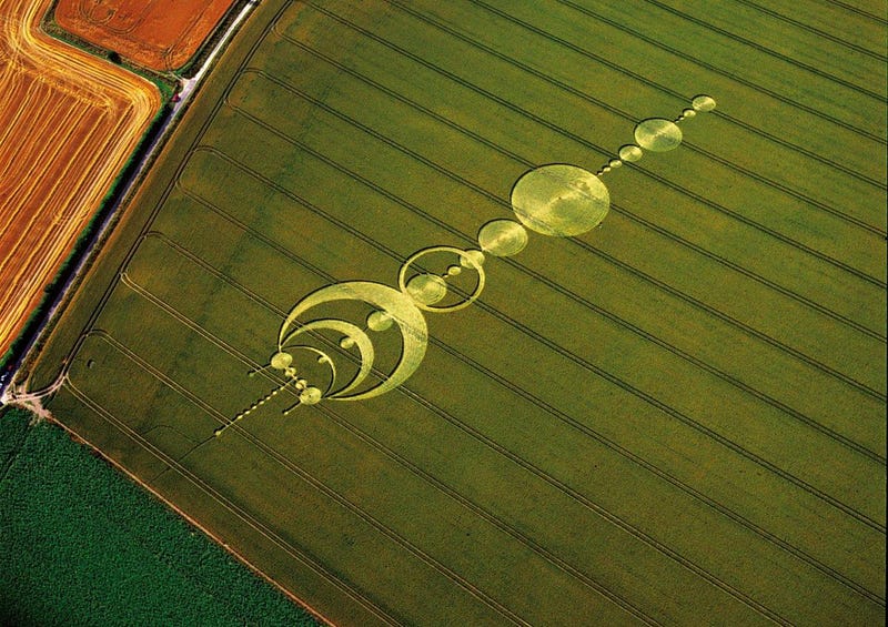 Aerial view of a crop circle formation