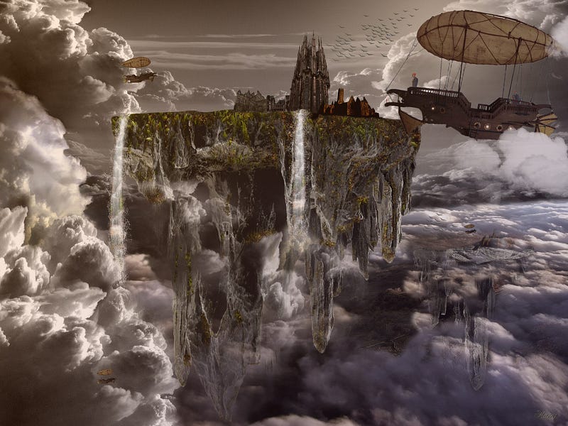 Conceptual illustration of a floating city in space