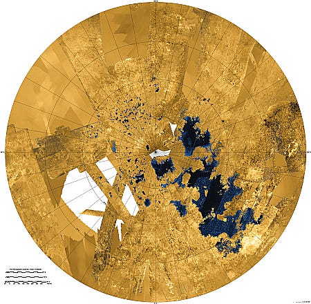 Hydrocarbon lakes and seas map of Titan's north pole